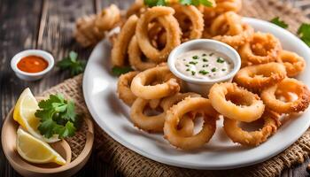 ai generado frito calamares anillos en mimbre cesta y inmersión salsa foto