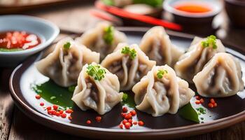 AI generated Dumplings with pork on plate photo