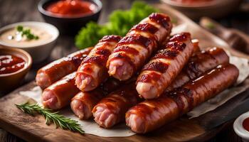 AI generated Sausages wrapped with bacon and dipping sauce photo