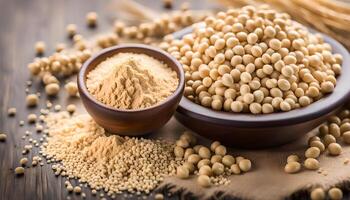 AI generated Soy flour in bowl and soybean photo