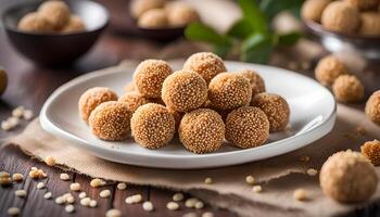 AI generated Sesame seed balls on white plate photo