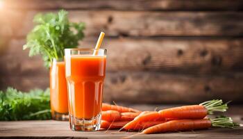 AI generated Fresh carrot juice in glass on wooden table photo