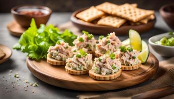 AI generated Crackers with tuna salad on wooden plate photo