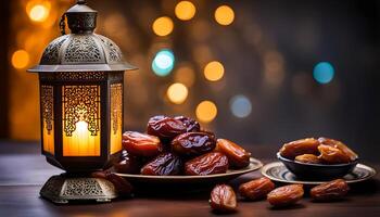 AI generated Ramadan lamp and dates still life photo