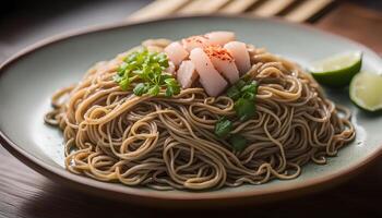 AI generated Soba noodles on plate, Japanese food photo