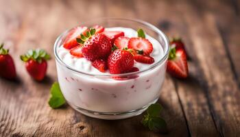 ai generado yogur con fresa en vaso foto