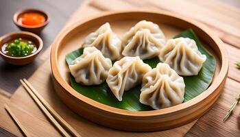 AI generated Steamed dumplings on wooden plate photo