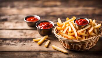 AI generated French fries in basket and ketchup on wooden table photo