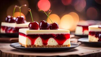 AI generated Cold cheesecake with cherry jelly. photo