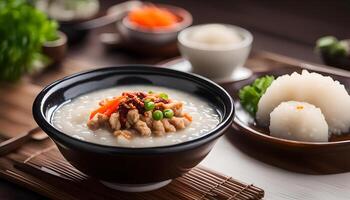 ai generado congee con picado Cerdo en cuenco foto