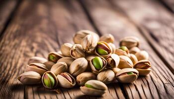 AI generated Pistachios on wooden table photo
