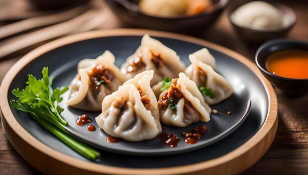 ai generado empanadillas con Cerdo en plato foto
