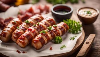 AI generated Sausages wrapped with bacon and dipping sauce photo