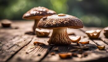 ai generado shiitake seta en de madera mesa foto