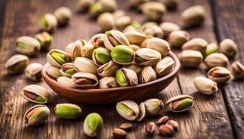 AI generated Pistachios on wooden table photo