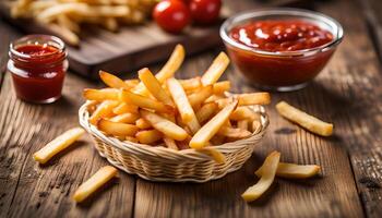 AI generated French fries in basket and ketchup on wooden table photo