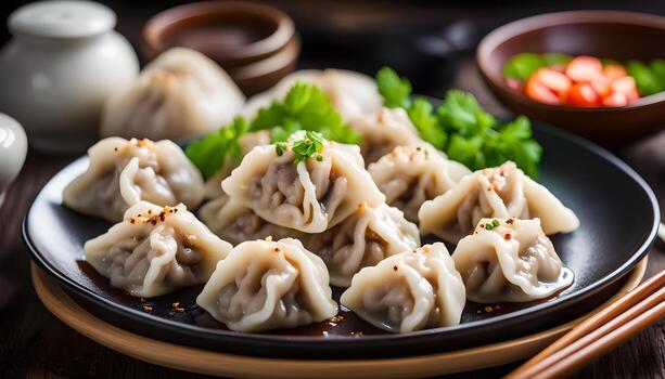 ai generado empanadillas con Cerdo en plato foto