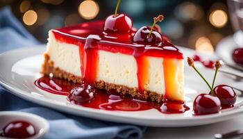 AI generated Cold cheesecake with cherry jelly. photo