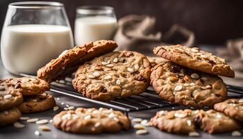 AI generated Oatmeal cookies with sesame seeds and glass of milk photo