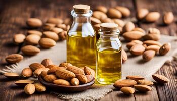 AI generated Almond oil in glass bottle and almonds on wooden table photo