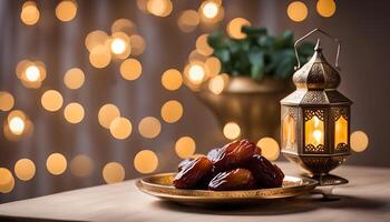 AI generated Ramadan lamp and dates still life photo