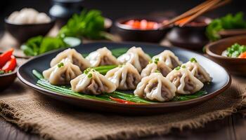 ai generado empanadillas con Cerdo en plato foto