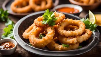 AI generated Fried calamari rings in wicker basket and dip sauce photo