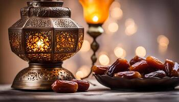 AI generated Ramadan lamp and dates still life photo
