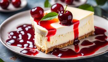 AI generated Cold cheesecake with cherry jelly. photo