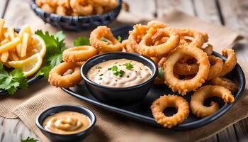 AI generated Fried calamari rings in wicker basket and dip sauce photo