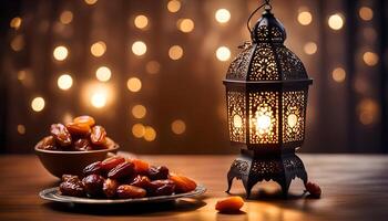 AI generated Ramadan lamp and dates still life photo