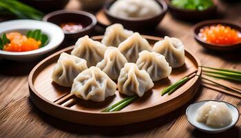 AI generated Steamed dumplings on wooden plate photo