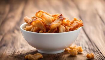 AI generated Pork rind, pork crackling in white bowl photo