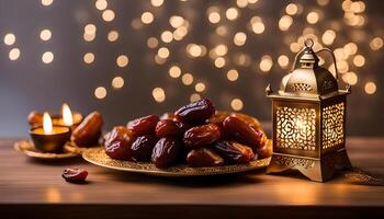 AI generated Ramadan lamp and dates still life photo