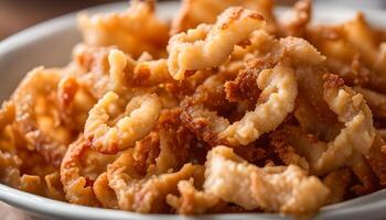 AI generated Pork rind, pork crackling in white bowl photo