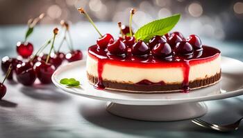 AI generated Cold cheesecake with cherry jelly. photo