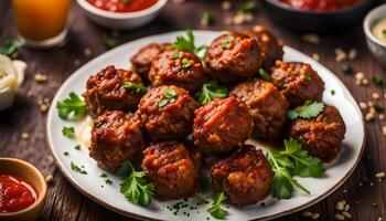 ai generado frito albóndigas en plato foto