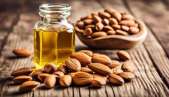 AI generated Almond oil in glass bottle and almonds on wooden table photo