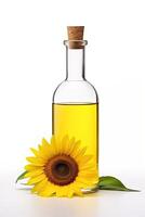 AI Generated Closeup photo of sunflower oil with seeds on wooden background. Bio and organic product concept.