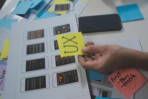 ux Graphic designer creative sketch planning application process development prototype wireframe for web mobile phone . User experience concept. photo