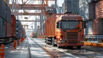 ai generado camión remolque en el muelle en el carga Puerto terminal con grúas y contenedores ai generado foto