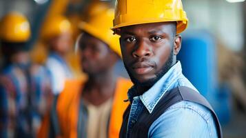 AI generated Portrait of a working man in a uniform and a hard hat. AI Generated photo