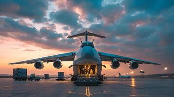 ai generado un carga avión a el aeropuerto muelles cargas o descarga carga. ai generado foto