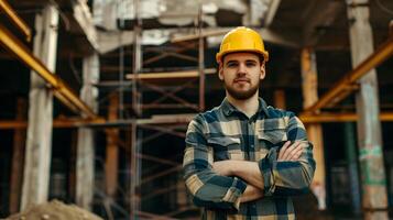 ai generado un hombre, un obrero, un constructor por profesión, en un uniforme y un casco. ai generado foto