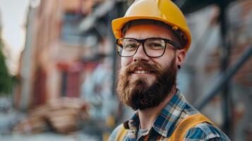 ai generado un hombre, un obrero, un constructor por profesión, en un uniforme y un casco. ai generado foto