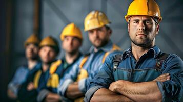 AI generated Portrait of a working man in a uniform and a hard hat. AI Generated photo