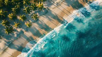 azur costa de el Oceano con palma árboles, arena, navegar y conchas ai generado foto