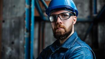 ai generado un hombre, un obrero, un constructor por profesión, en un uniforme y un casco. ai generado foto