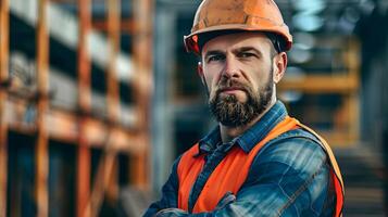 AI generated Portrait of a working man in a uniform and a hard hat. AI Generated photo