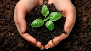 ai generado humano palmas sostener suelo con un verde pequeño planta como un concepto para negocio desarrollo. ai generado foto